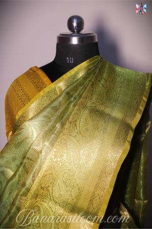 Parrot Green Tissue Silk Handloom Saree